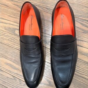 Santoni Black Leather Men's Slip-Ons